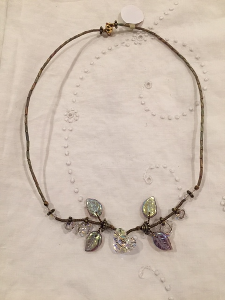 Iridescent Glass Leave and Faceted Crystal Necklace