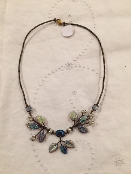 Iridescent Glass Leaves and White Pearl Necklace