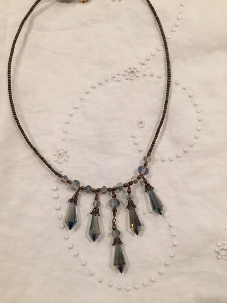 Faceted Blue Crystal Necklace on Bronze Beads Necklace