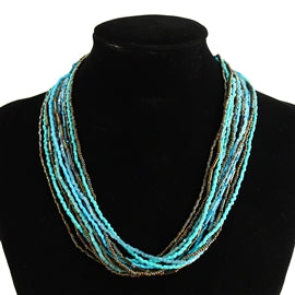 12 Strand 18" Necklace with Turquoise, Brown & Gold Beads