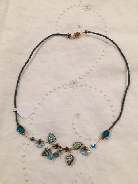Iridescent Glass Leaves with Blue Crystals Choker Necklace.