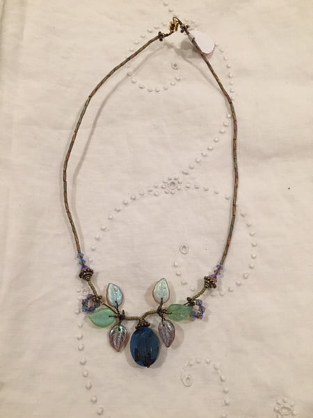 Iridescent Glass Leaves with Faceted Blue Crystals Choker