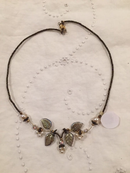 Iridescent Glass Leaves and White Pearl Choker Necklace