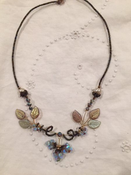 Iridescent Glass Leaves with Blue Crystal Necklace